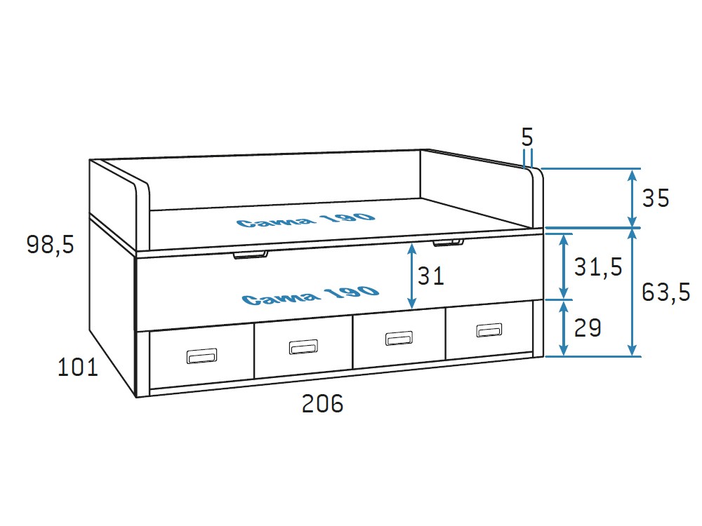 Cama compacta Bicama en composición de dormitorio juvenil F001 Formas de Glicerio Chaves - 3