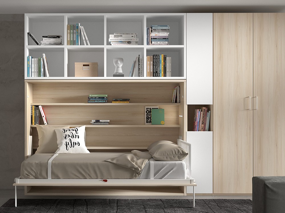 Dormitorio juvenil con cama abatible horizontal con escritorio plegable +  armario de dos puertas y librería..