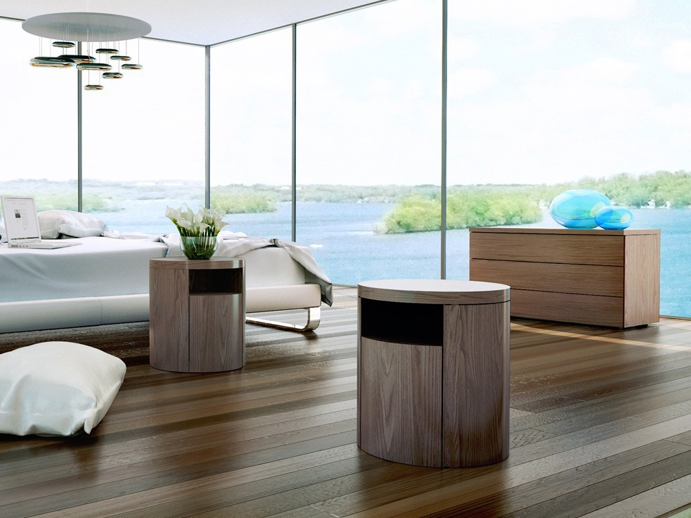 Mesita de noche cilíndrica con ruedas chapada en nogal 7006 de Ángel Cerdá en Mobel 6000