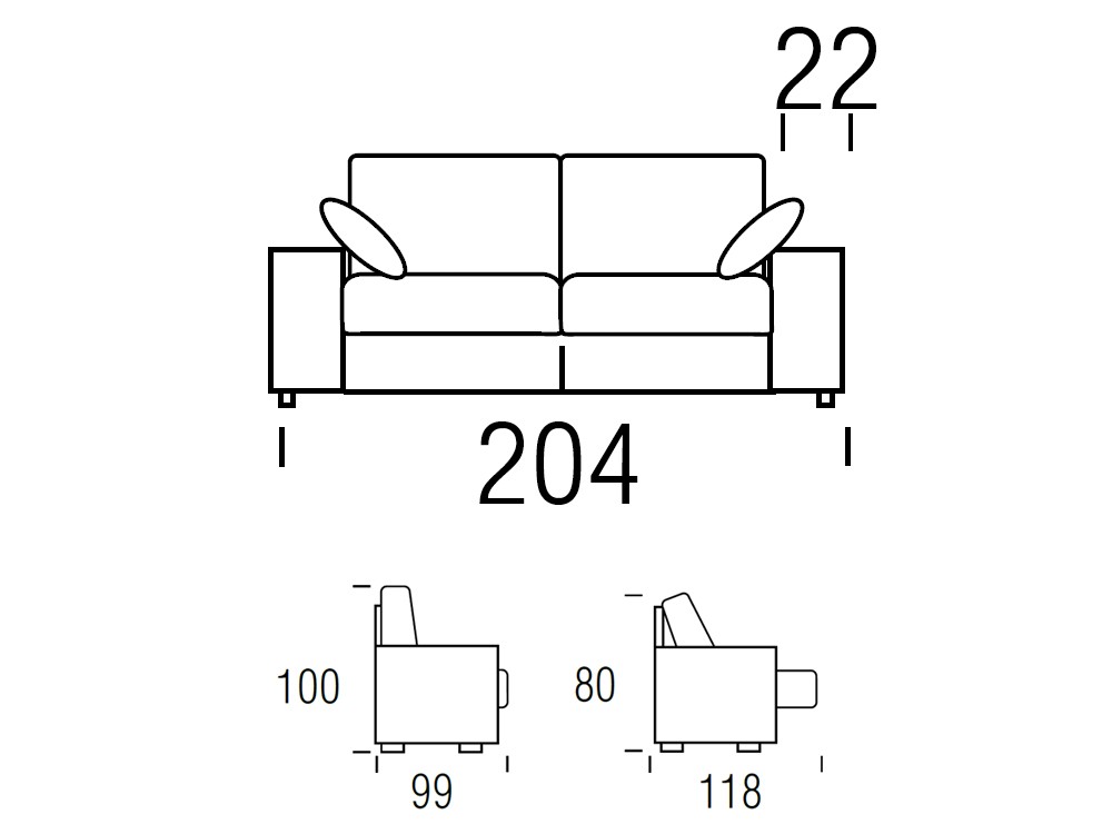 Medidas del sofá Nimo deslizante de Beltá Frajumar de 204cm