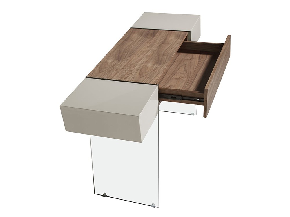 Consola con pies de cristal templado y sobre con chapa nogal y laca gris perla 3029 de Ángel Cerdá en Mobel 6000 - 5