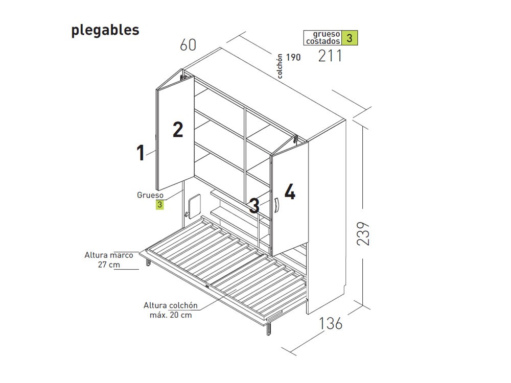 Cama abatible horizontal 90cm con armario U&D 06 jotajotape