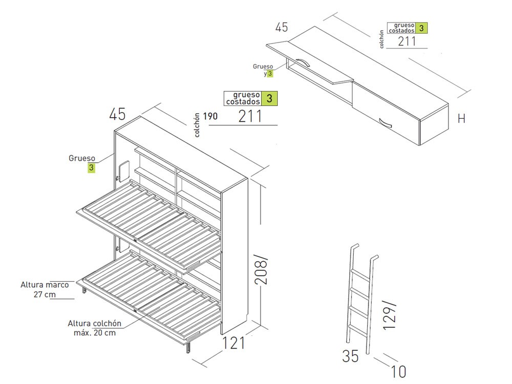 Litera abatible 90cm con altillo U&D 13 de Jotajotape - 2