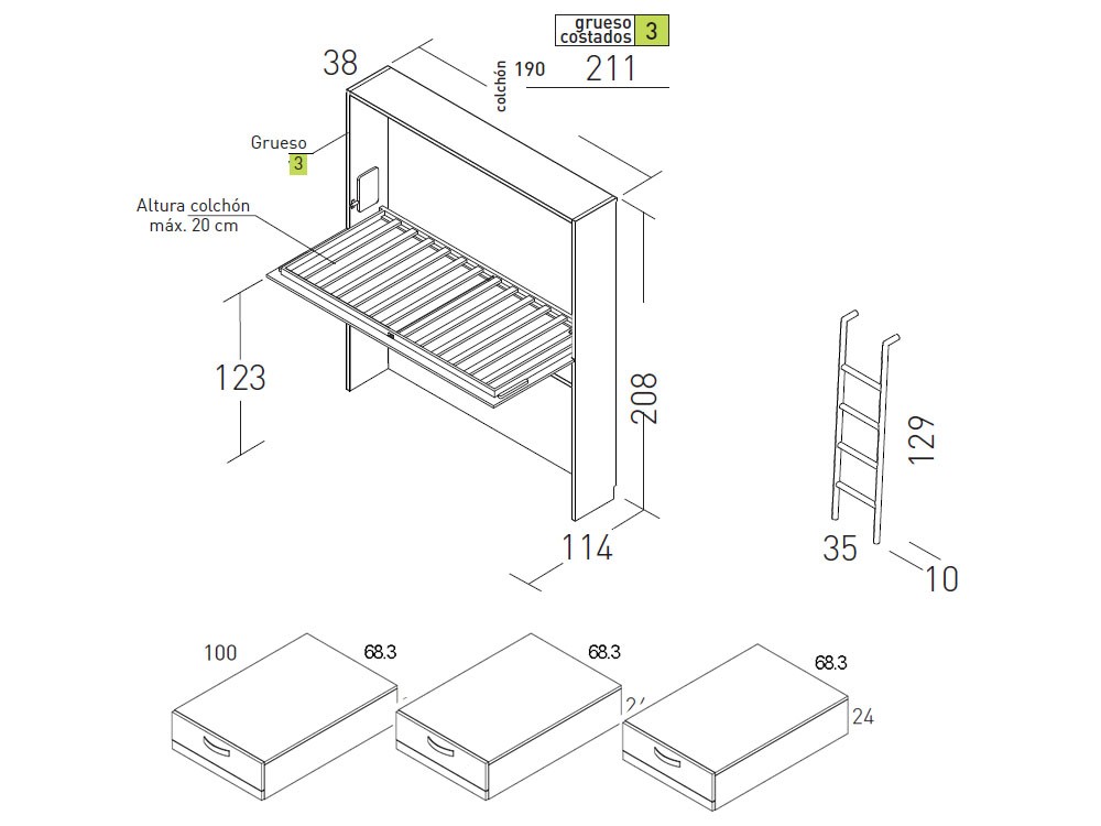Litera con cama alta abatible y cama inferior Up & Down jotajotape - 9