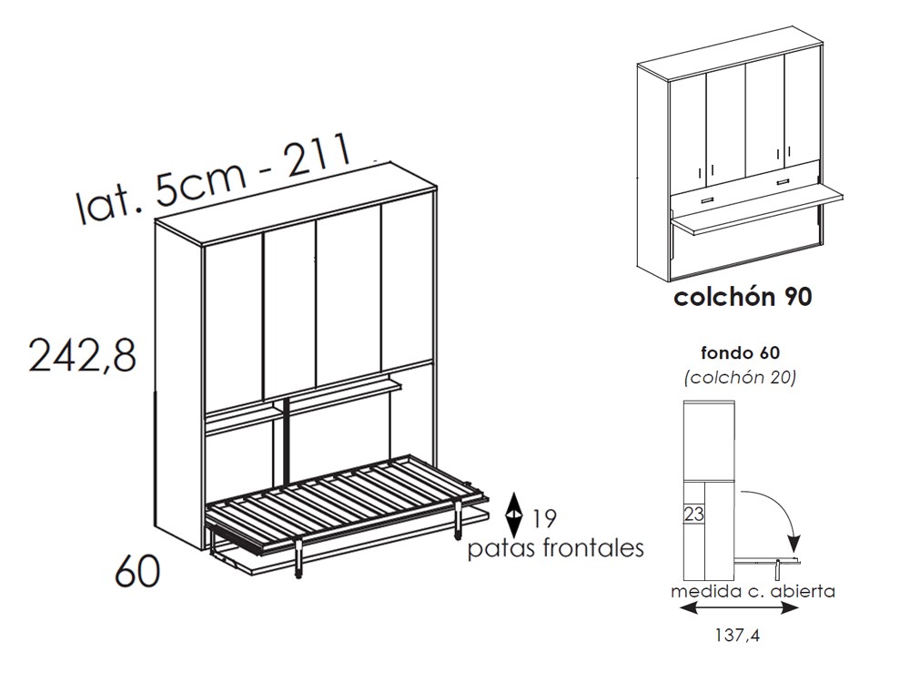 Cama abatible horizontal 90cm con armario y escritorio QBn12 fabricada en melamina de Tegar Mobel - 11