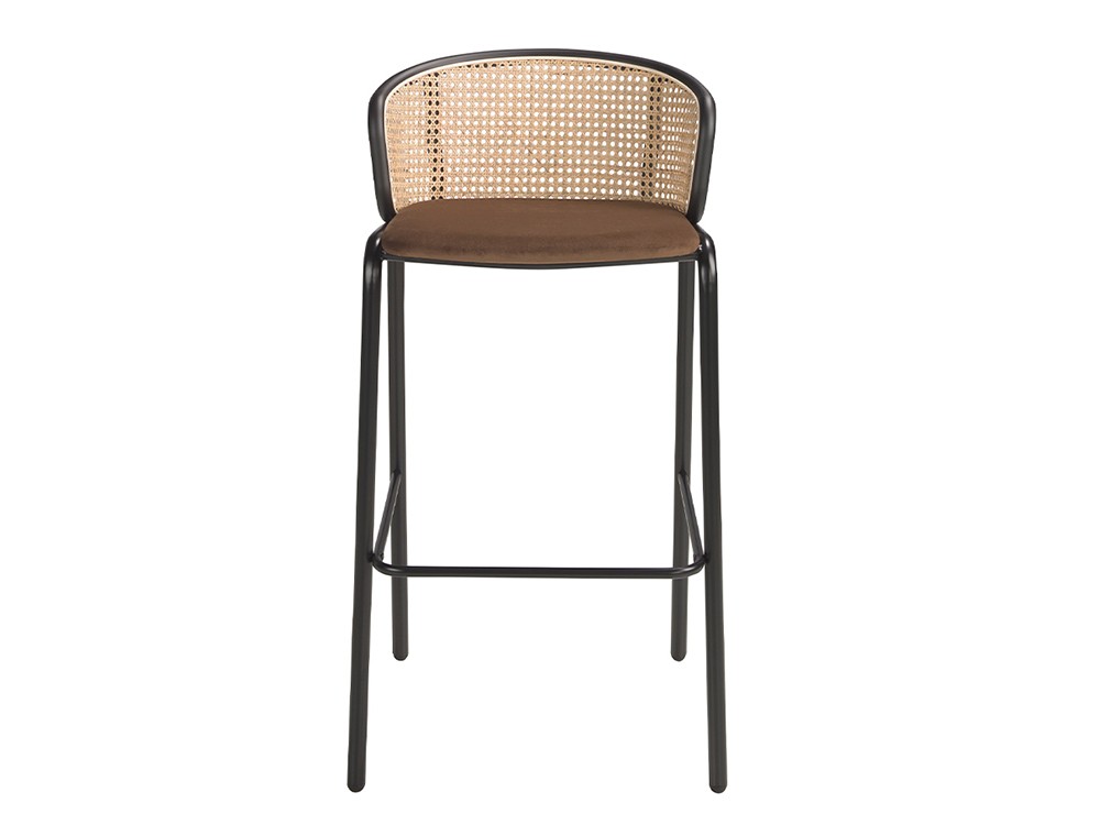 Taburete alto Ángel Cerdá 4128 con asiento aterciopelado marrón y respaldo de rattán - 5