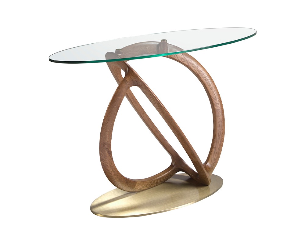 Consola ovalada con sobre de cristal templado patas de madera y base de metal Ángel Cerdá 3246 - 1