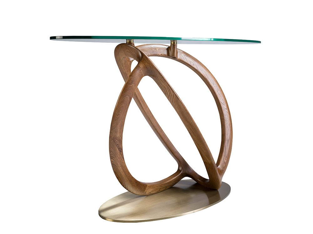 Consola ovalada con sobre de cristal templado patas de madera y base de metal Ángel Cerdá 3246 - 3