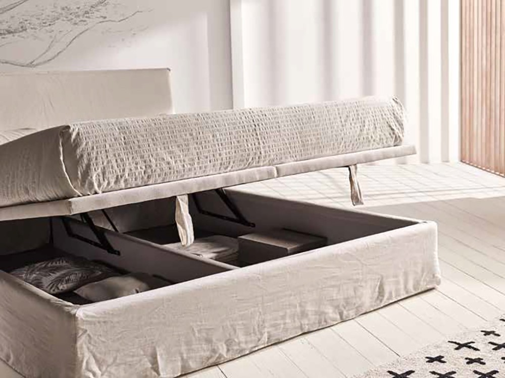 Cama tapizada en lino Hermes con aro o canapé arcón de Acana Piel - 4