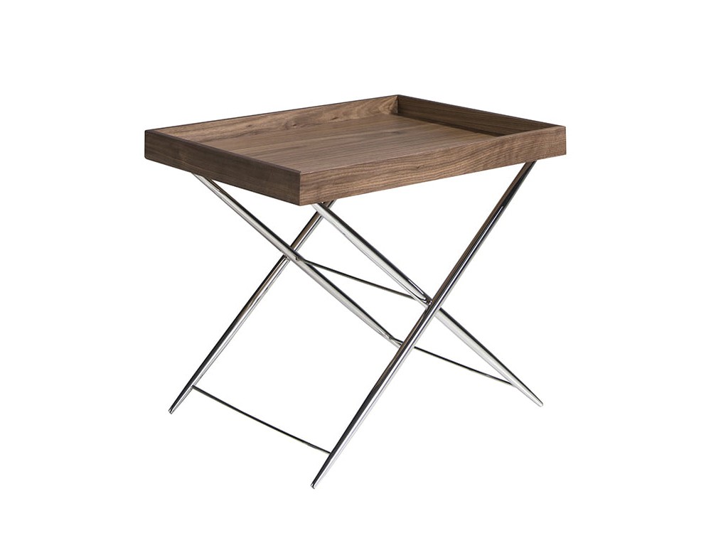 Mesa auxiliar con bandeja de madera chapada en nogal y pies tijera de acero cromado 2034 de Ángel Cerdá