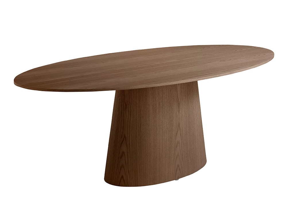 Mesa de comedor fija con sobre ovalado y pie cónico de madera chapada en nogal 1013 de Ángel Cerdá en Mobel 6000
