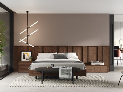 Cama con cabecero alistonado Hima y aro Sim puedes añadir las mesitas Flat en acabado laminado Kalm 12 de Mobenia - 1