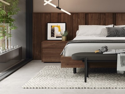 Cama con cabecero alistonado Hima y aro Sim puedes añadir las mesitas Flat en acabado laminado Kalm 12 de Mobenia - 3