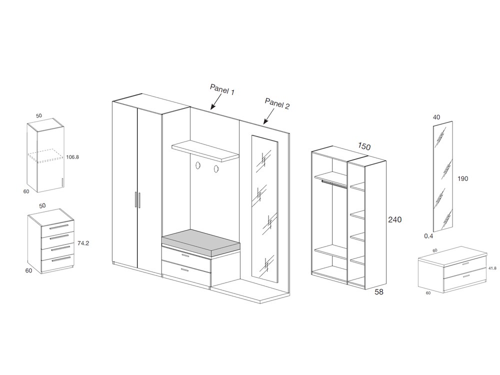 Armario modular Liso con puertas batientes, asiento y espejo Kalm de Mobenia - 9