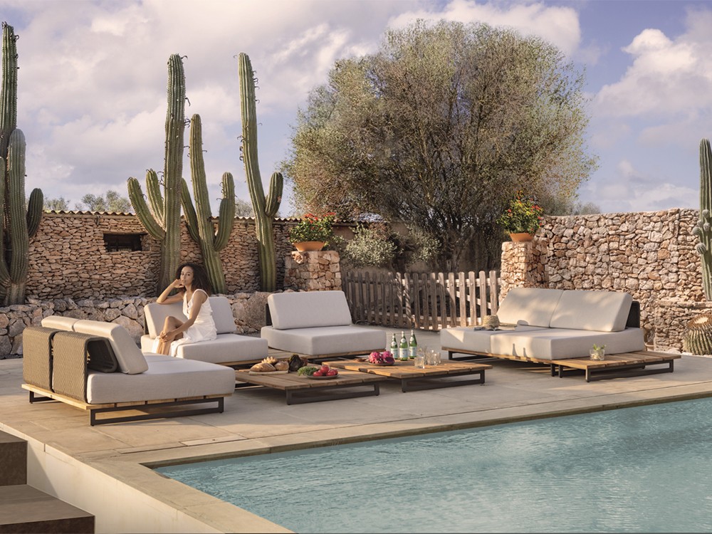 Sofá modular exterior de aluminio con cuerda trenzada y cojines tapizados Ona de Skyline - 5