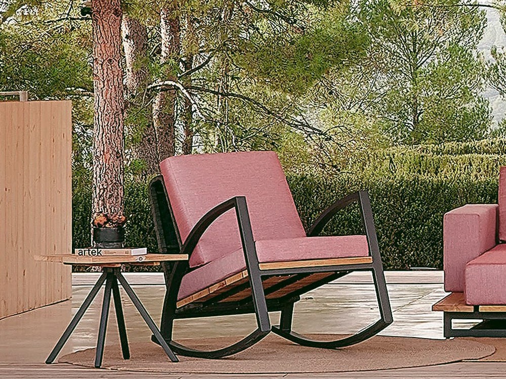 Mecedora exterior de aluminio y tiras de cuerda trenzada con cojines tapizados Ona de Skyline - 4