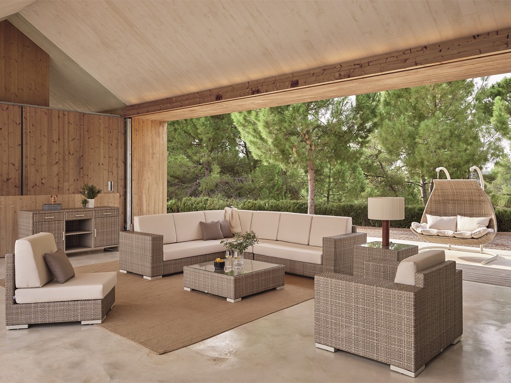 Sofá esquinero modular de fibra sintética trenzada Paloma Skyline Design - 1