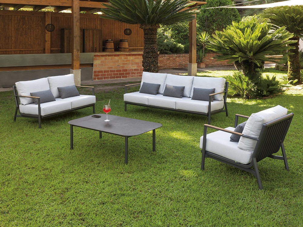Sillón para salón exterior Menfis de aluminio con detalles de teca de Arkimueble - 3