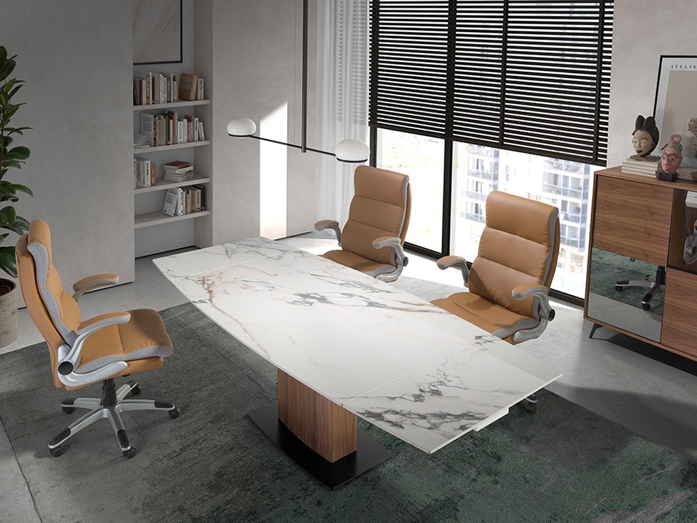 Mesa de comedor extensible 1133 con sobre porcelánico y base en chapa nogal de Ángel Cerdá - 2