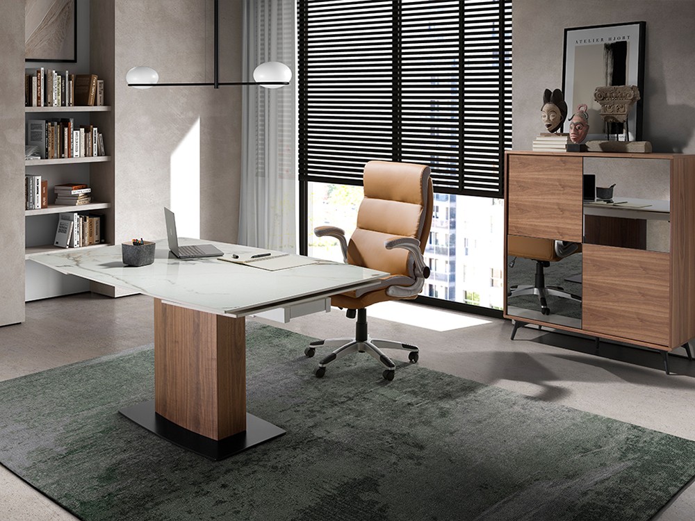 Mesa de comedor extensible 1133 con sobre porcelánico y base en chapa nogal de Ángel Cerdá - 7