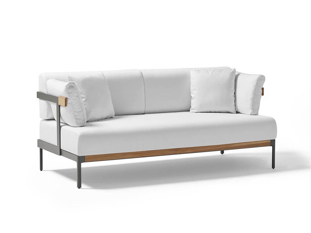 Sofá de dos o tres plazas Legacy Essence para salón exterior de aluminio blanco o gris con cojines agora de Point - 8