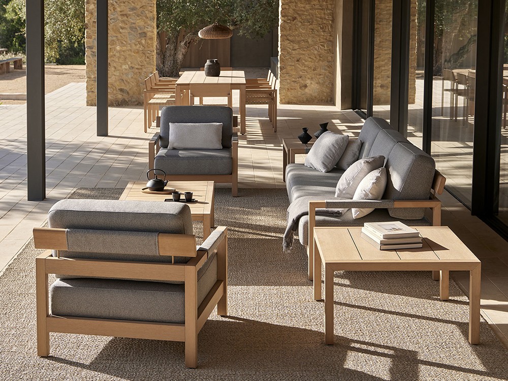 Sofá de dos o tres plazas para salón exterior de techteak y tejido agora Kubik de Point - 13