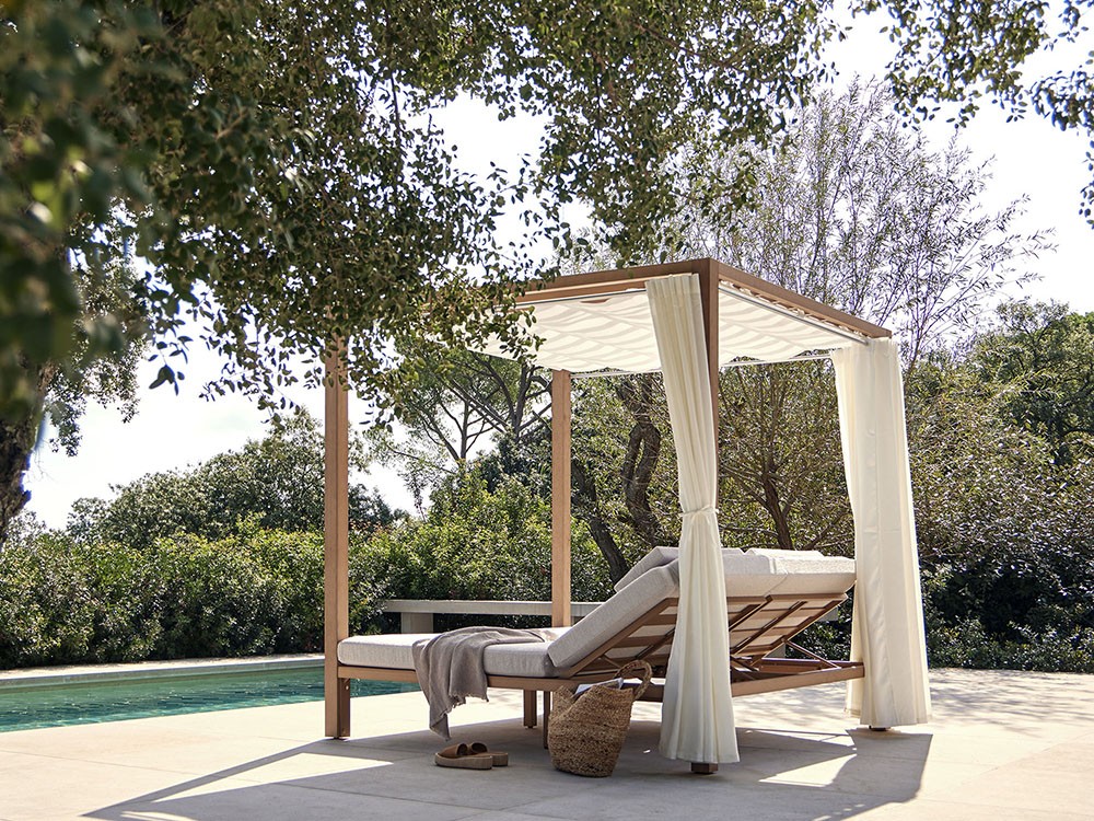 Cama balinesa de techteak con cojines tapizados en tejido ágora con o sin cortinas Kahn de Point - 15