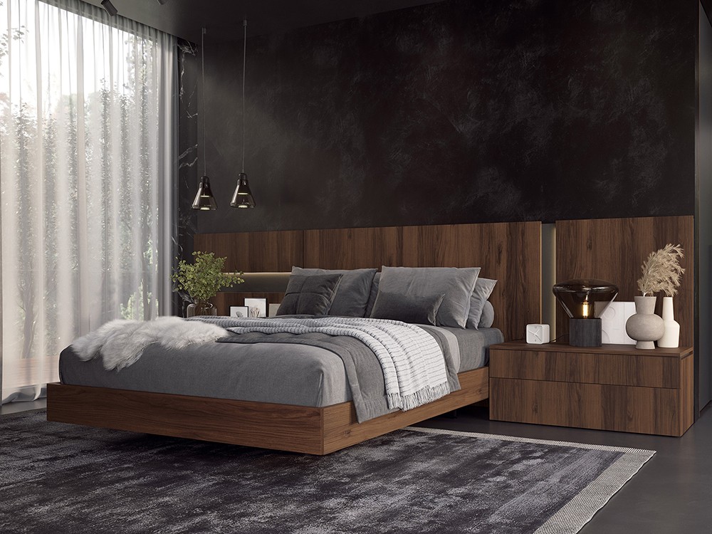 Dormitorio Roma Tempo 03 con cabecero corrido con luz led, bañera y dos mesitas de noche Tegar Mobel - 1