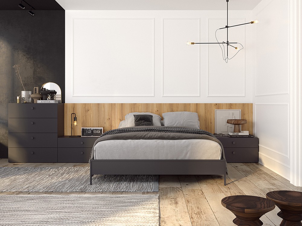 Dormitorio Berlín Tempo 06 con cabecero corrido, dos mesitas de noche, sifonier y bañera de Tegar Mobel - 1