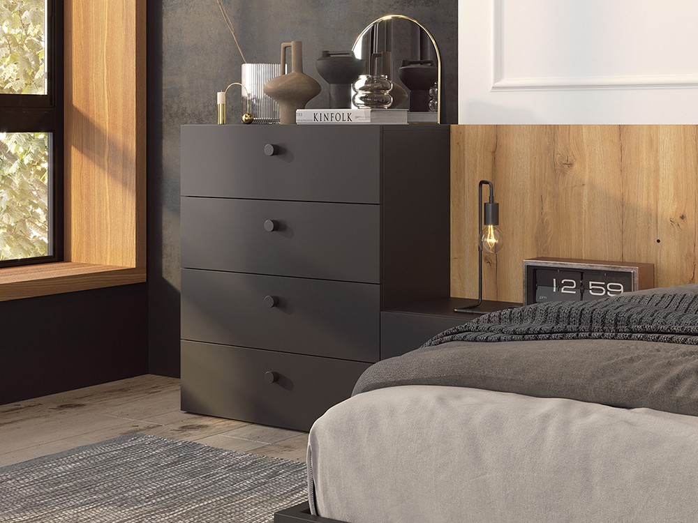 Dormitorio Berlín Tempo 06 con cabecero corrido, dos mesitas de noche, sifonier y bañera de Tegar Mobel - 3