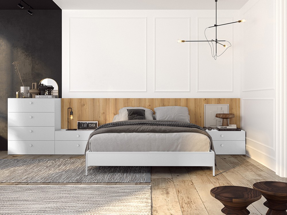 Dormitorio Berlín Tempo 06 con cabecero corrido, dos mesitas de noche, sifonier y bañera de Tegar Mobel - 9