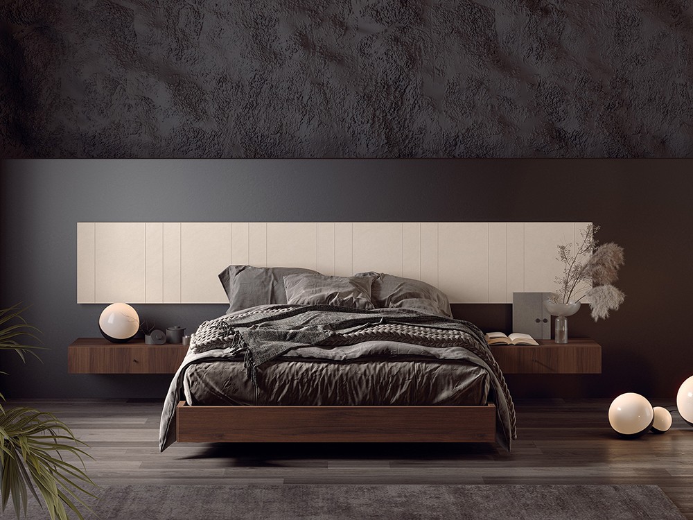 Dormitorio Zebra Pietra Tempo 07 con cabecero corrido colgado, dos mesitas de noche y bañera suspendida de Tegar Mobel - 1