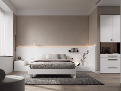 Dormitorio Zebra Tempo 08 con cabecero corrido con extensión lateral, mesitas de noche y estructura de cama de Tegar Mobel - 2