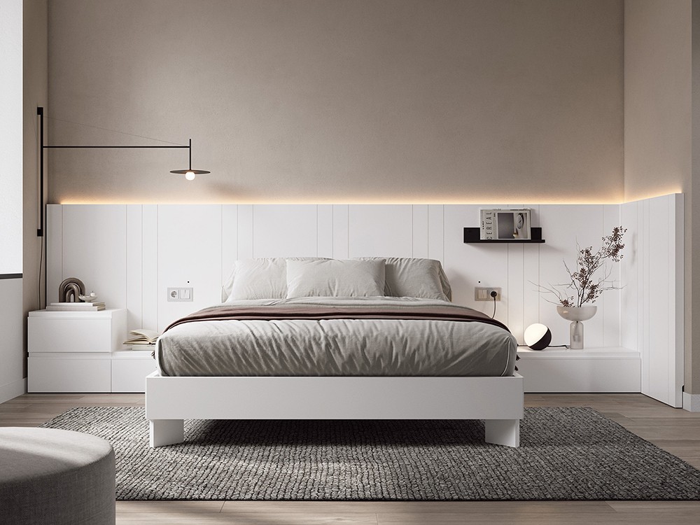 Dormitorio Zebra Tempo 08 con cabecero corrido con extensión lateral, mesitas de noche y estructura de cama de Tegar Mobel - 1