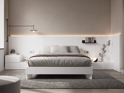 Dormitorio Zebra Tempo 08 con cabecero corrido con extensión lateral, mesitas de noche y estructura de cama de Tegar Mobel - 1