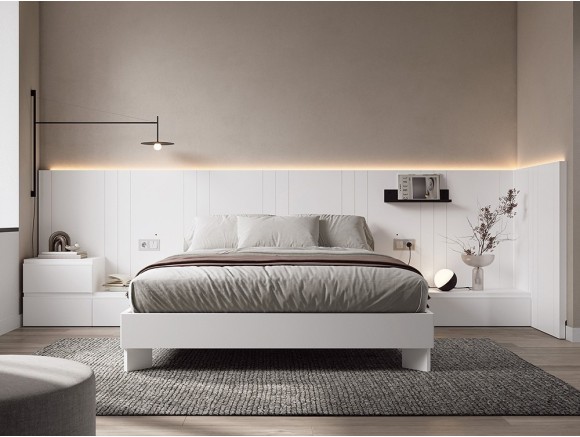 Dormitorio Zebra Tempo 08 con cabecero corrido con extensión lateral, mesitas de noche y estructura de cama de Tegar Mobel - 1