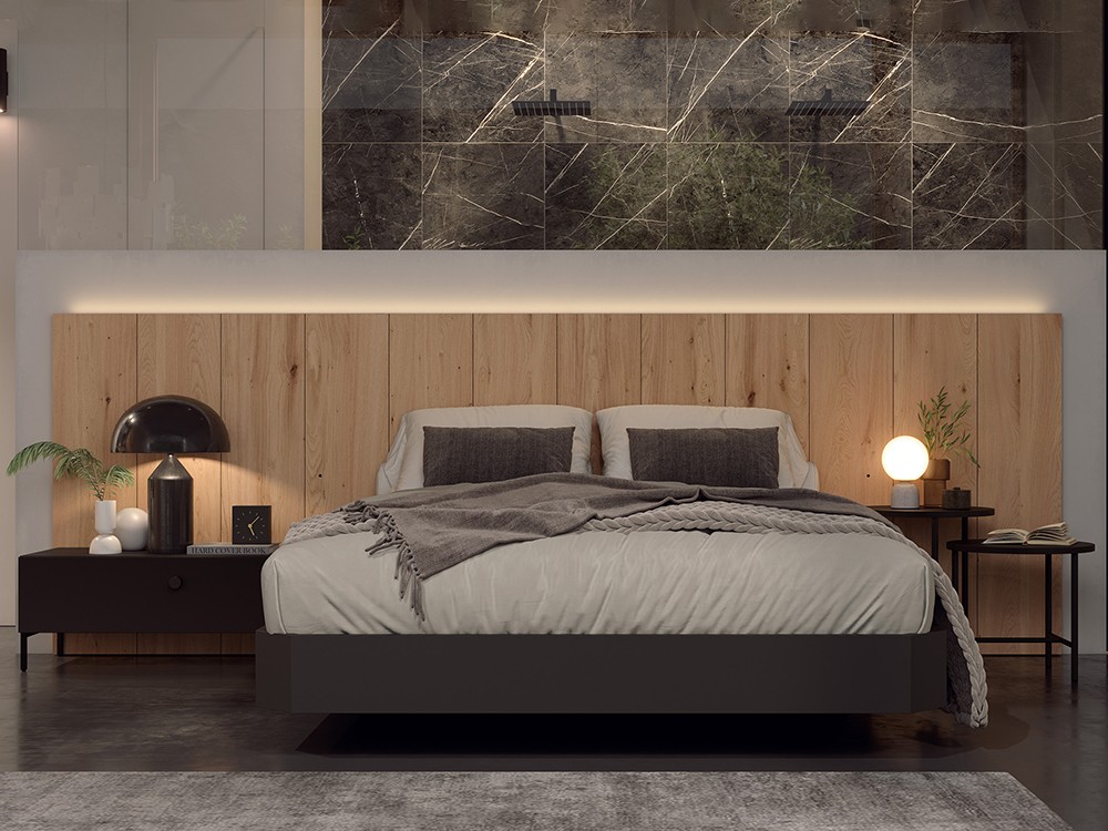 Dormitorio BCN Tempo 09 con cabecero corrido con luz led superior, mesitas de noche y bañera de Tegar Mobel - 1