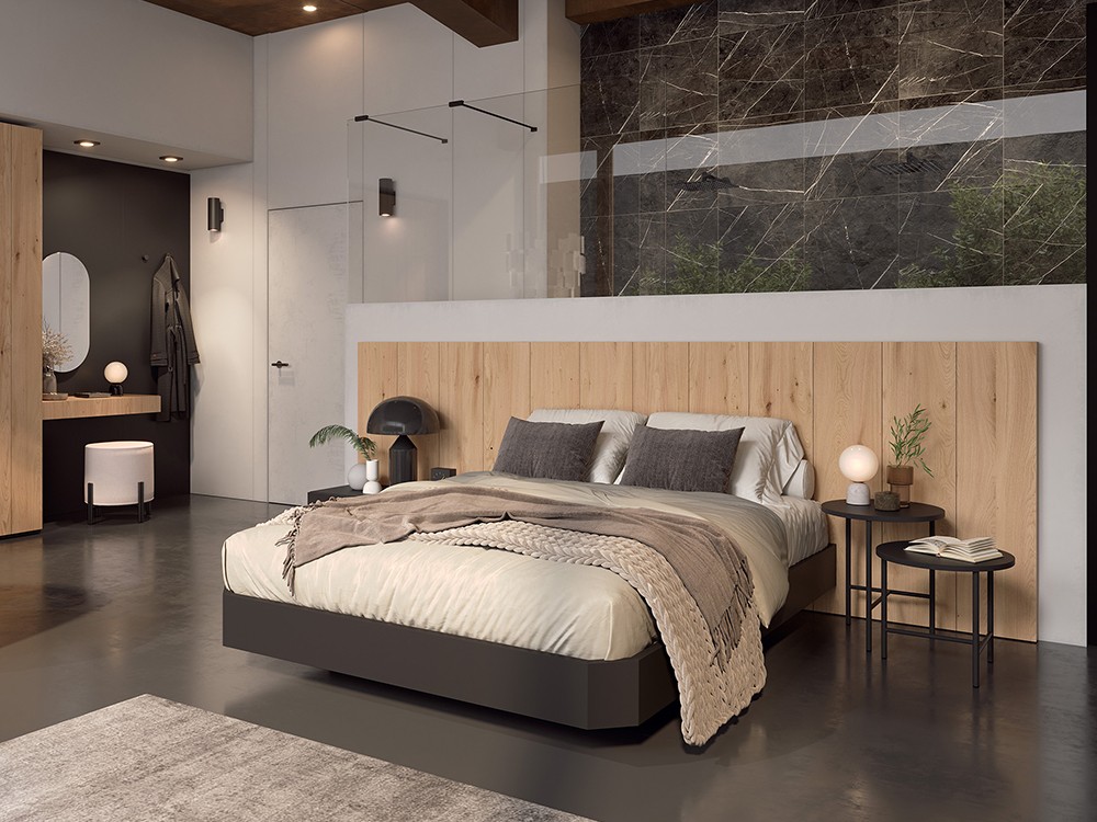 Dormitorio BCN Tempo 09 con cabecero corrido con luz led superior, mesitas de noche y bañera de Tegar Mobel - 5