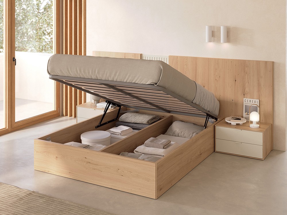 Dormitorio Palma Tempo 11 de cabecero corrido con luz led, dos mesitas de noche y arcón elevable Tegar Mobel - 2