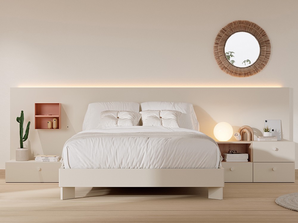 Dormitorio Ter Tempo 13 con cabecero corrido con luz led, mesitas de noche y bañera con patas diagones Tegar Mobel - 2