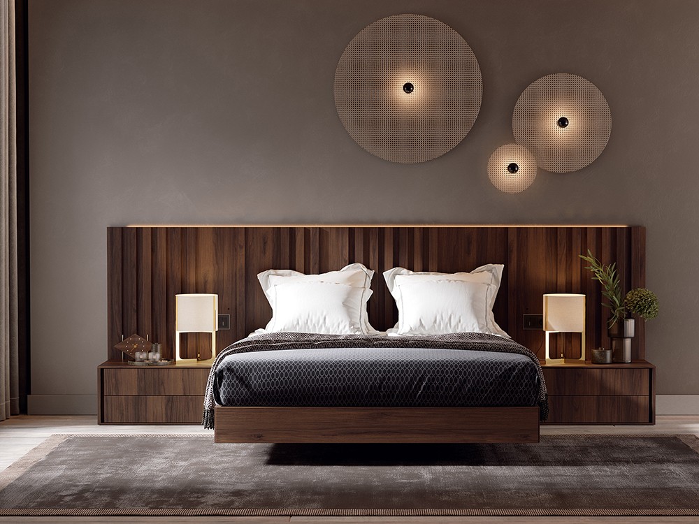 Dormitorio Ribbon asimétrico Tempo 15 con cabecero corrido con luz led, dos mesitas y bañera de Tegar Mobel - 1