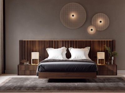 Dormitorio Ribbon asimétrico Tempo 15 con cabecero corrido con luz led, dos mesitas y bañera de Tegar Mobel - 1