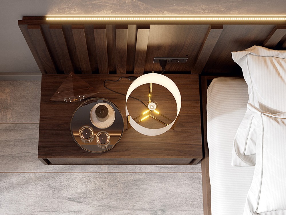 Dormitorio Ribbon asimétrico Tempo 15 con cabecero corrido con luz led, dos mesitas y bañera de Tegar Mobel - 2