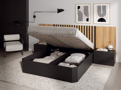 Dormitorio Ribbon Liso Tempo 16 con cabecero corrido con luz led, mesitas y bañera con arcón de Tegar Mobel - 2