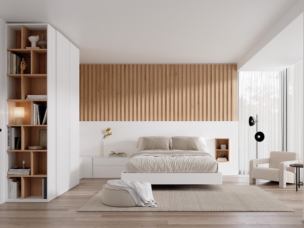 Dormitorio Repisa Liso Tempo 23 con cabecero en esquina, mesitas y bañera de Tegar Mobel - 2