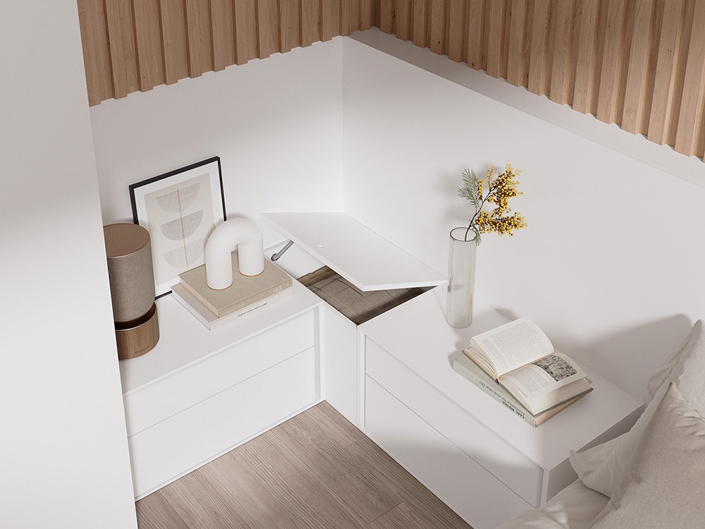 Dormitorio Repisa Liso Tempo 23 con cabecero en esquina, mesitas y bañera de Tegar Mobel - 3