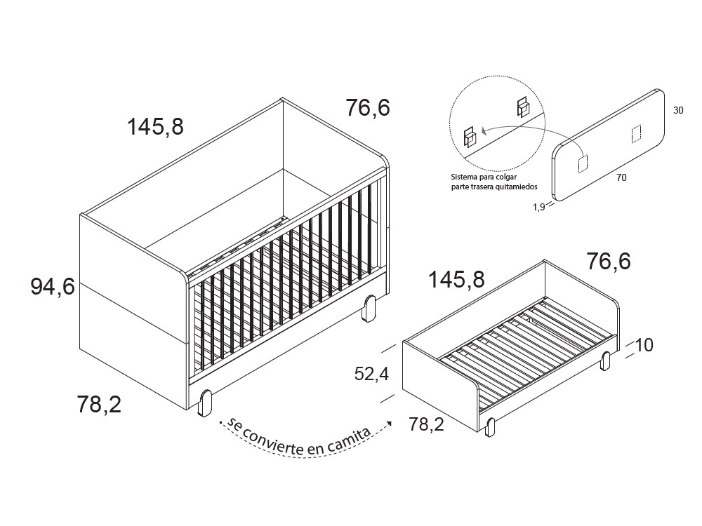 Cuna evolutiva de 140x70 Elemental Bamboo en melamina veta de Ros - 4