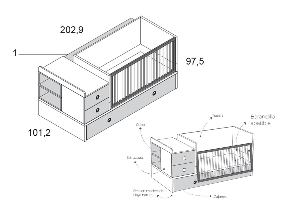 Cuna convertible en cama y escritorio Grow plus de Ros - 9