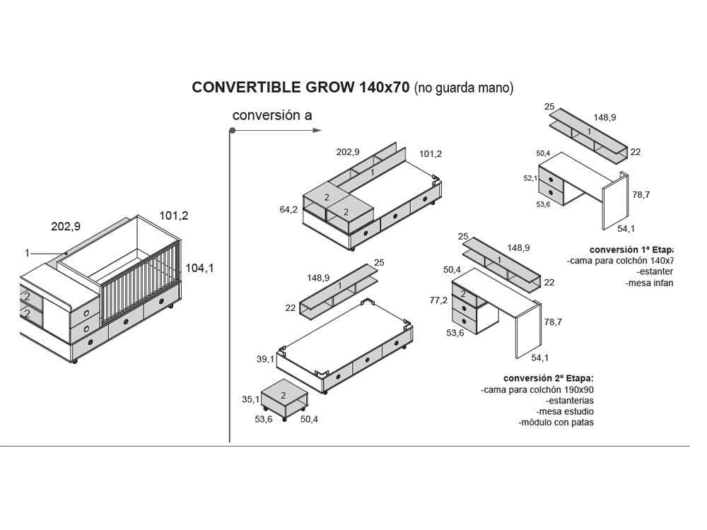 Cuna convertible Grow de cuna de 140x70 a cama de 190x90cm. de Ros - 11