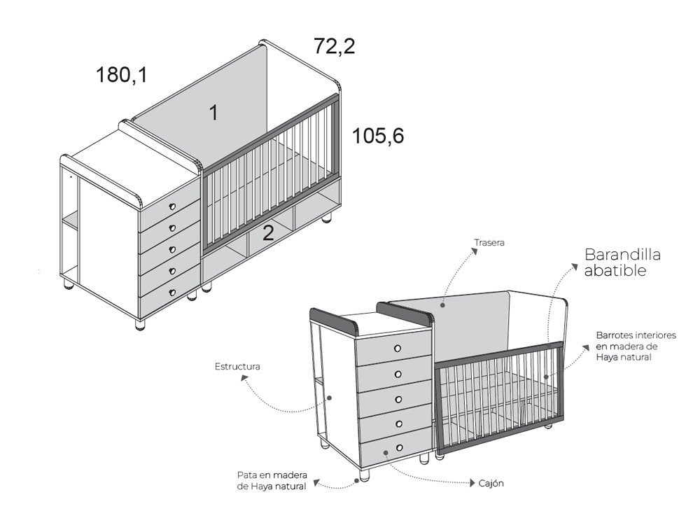 Cuna convertible Cube de cuna de 140x70 a cama de 90x190cm de Ros - 3